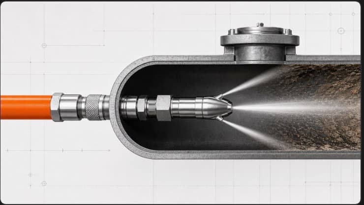 Hydrojetting nozzle and orange hose cleaning the inside of a pipe