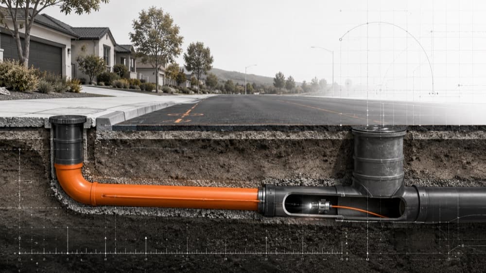 Cutaway view of an orange sewer lateral pipe beneath a residential street