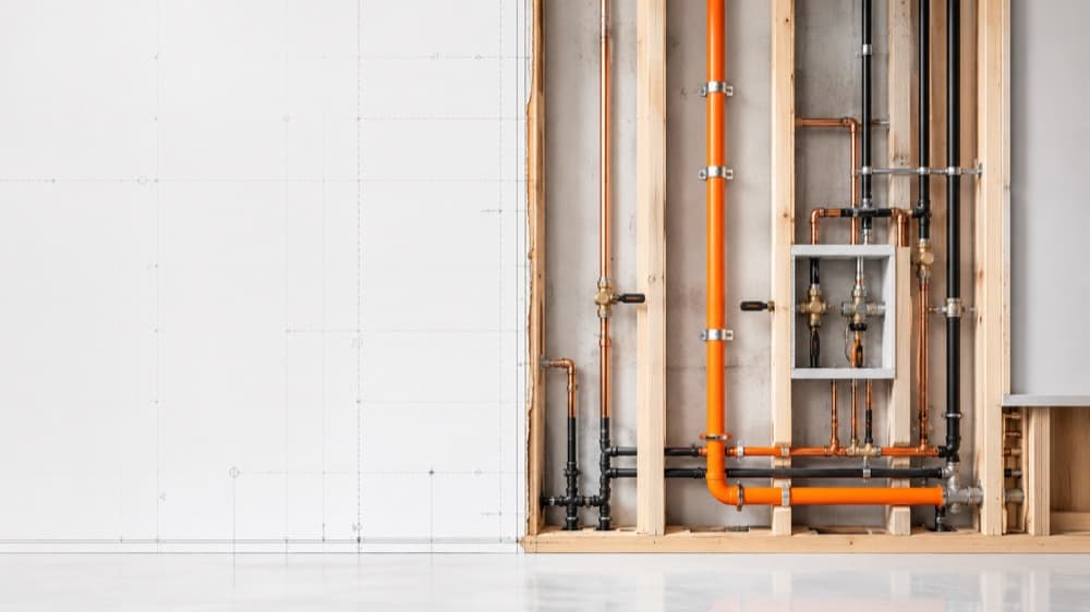 Open wall whole home repipe with copper, black, and orange pipe runs